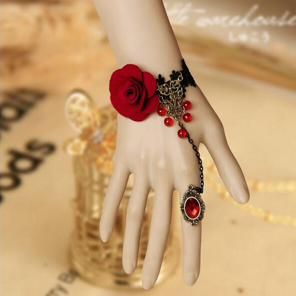 2015 fashion DIY sexy Jewerly hand chain bracelet and finger Beads Gothic lady royal rose lace