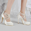 EP11085 PF Ivory White Women Bride Shoes High Heel Rhinestones Platforms Pumps Zip Strap Satin Wedding