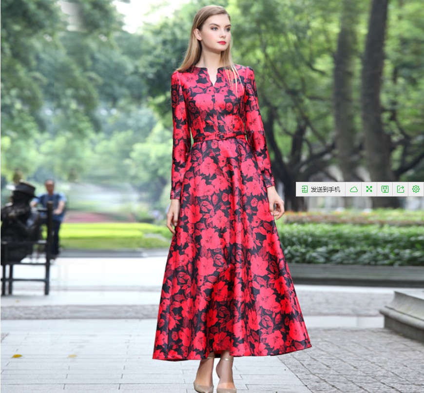 High Quality 2015 Autumn New Women's Long-Sleeved Red Print Dress Temperament Slim Gorgeous Vintage Floral Print Dress