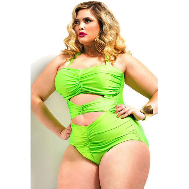 Neon-Green-Sweetheart-Ruched-Plus-Size-Swimsuit-LC41436-2P