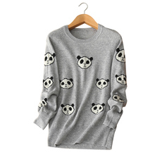 Panda head printing knitting pullover 100% cashmere O-neck long sleeve women winter sweater standard clothing