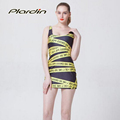 Women s Digital Printing Dress Stretch Bodycon Sleeveless Slim Fit Mini Vest Dresses YELLOW WARNING STRIP