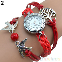 Vintage Life Tree Birds Charm Leather Bracelet Style Wrist Watch 