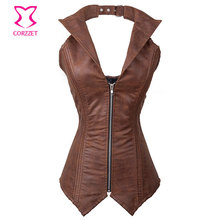 Vintage Brown Faux Leather Bustier Steampunk Corset Waist Training Corsets Steel Boned Cowgirl Burlesque Costume Corselet Zipper