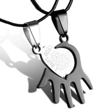 Charms Couples Pendant Necklaces For Women And Men Black Cord of Leather Stainless Steel Puzzle Love in Hand Necklace Jewlery