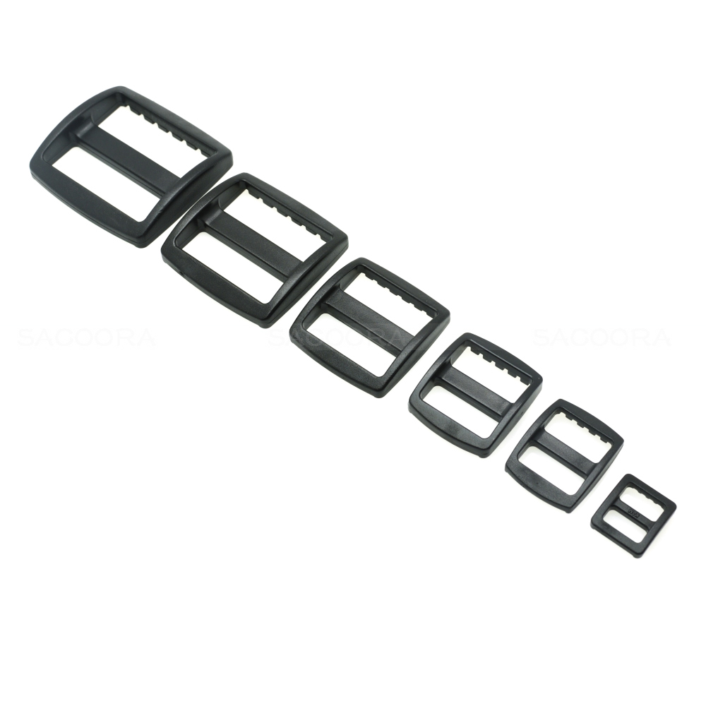 Description Picture 3 of item10pcs/pack Plastic Slider Tri Glide Adjust Buckles Backpack Straps Webbing 10/16/20/25/32/38mm Wider Style  Black