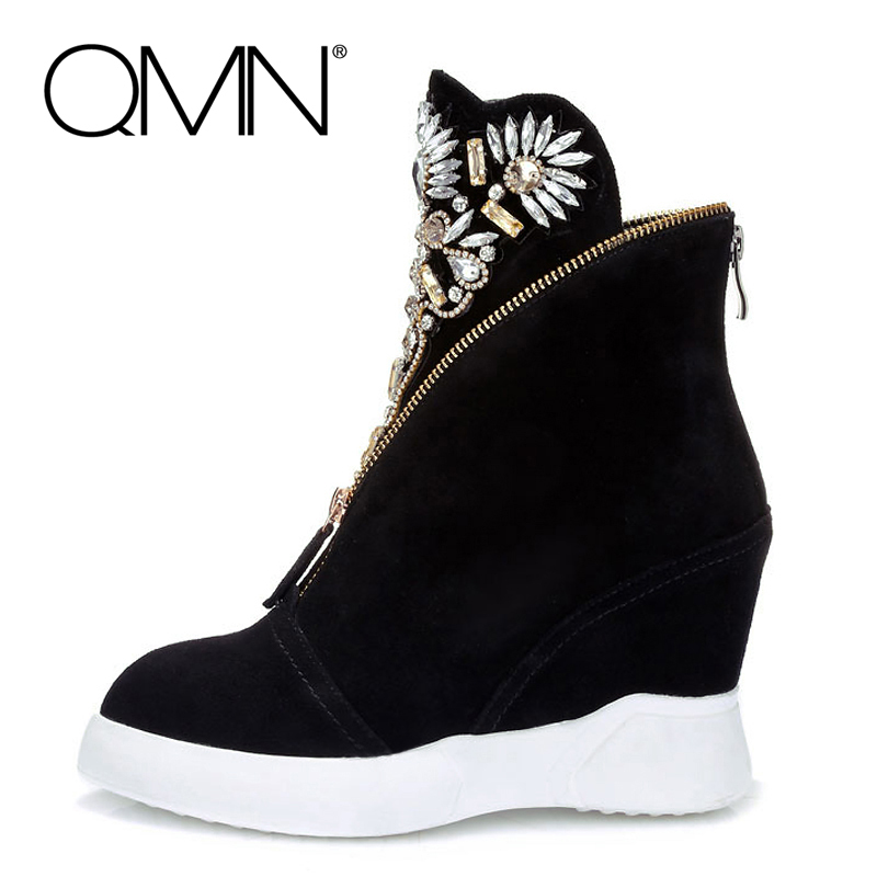 Фотография QMN women ankle boots for women Leather Platform Boots Femal Suede Leather Rhinestone Shoes Woman Botas Femininas 34-43