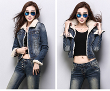 Autumn winter style high grade casual vintage Slim Plush velvet Denim coat women tops Thicken fur