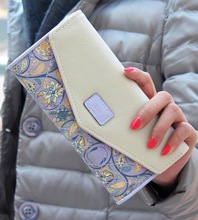 2015High Quality female Envelope Wallet Flowers Printing Women Long Clutch Portable Change Purse Delicate Casual Lady Cash Purse