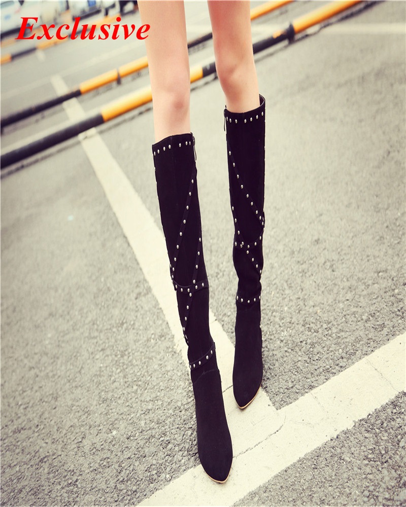Woman Thick With Long Boots Winter Short Plush Nubuck Leather Pointed Toe High Boots Cowhide High Quality Thick With Long Boots