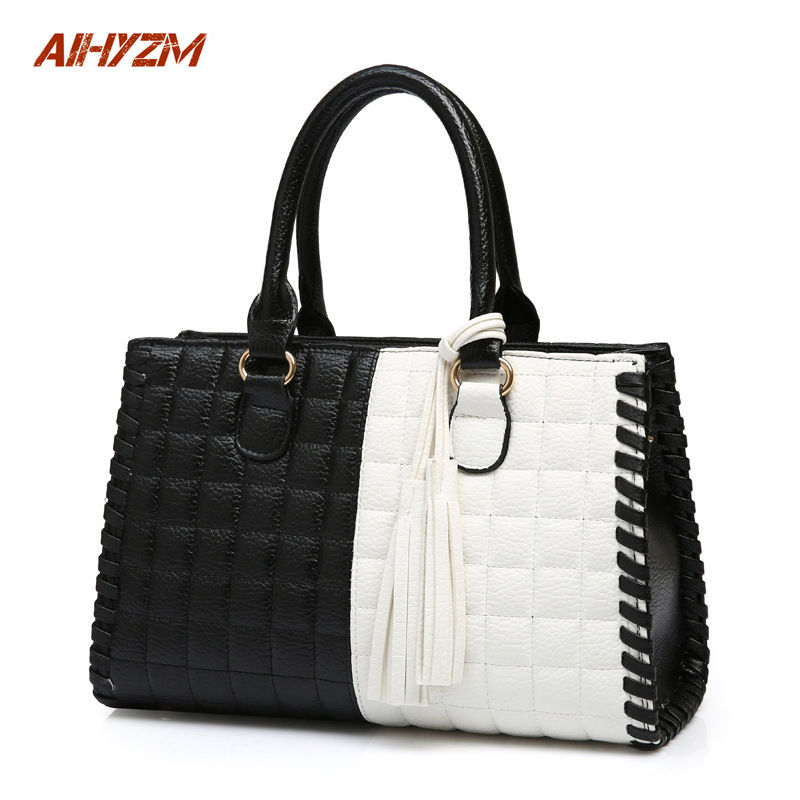 Fashion Brand Handbag Black And White PU Leather Fringe Bag Soft Surface Golden Women Shoulder ...