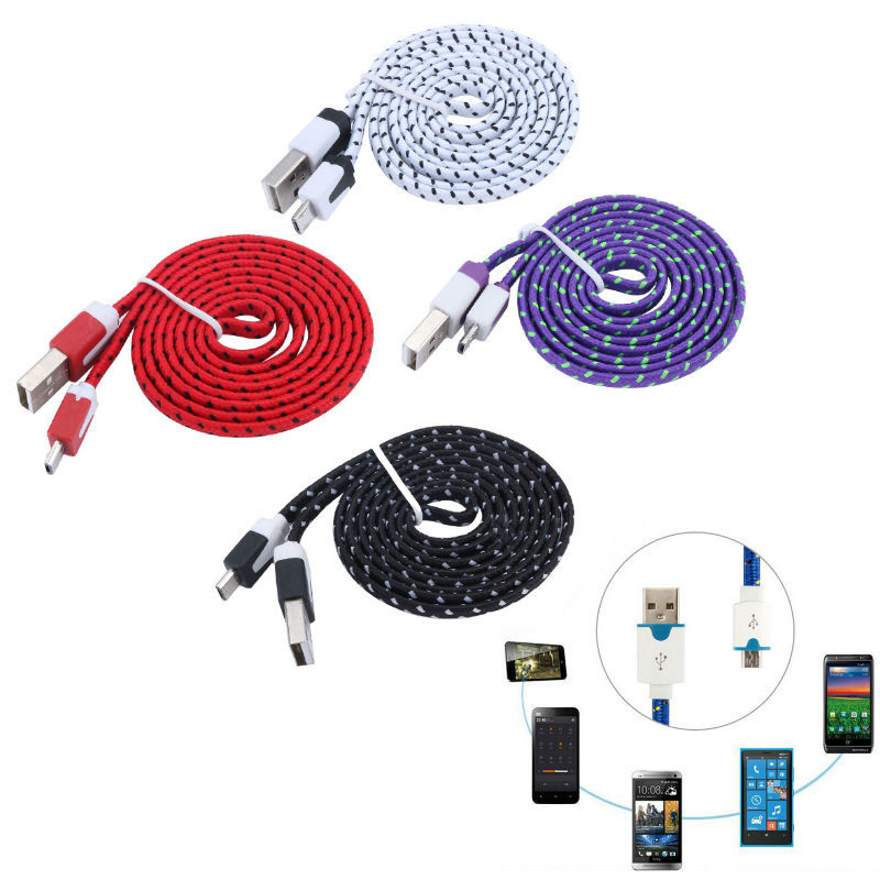 1M/2M/3M Flat Braided Fabic Woven USB Data Sync Charger Cable Flat Cord Wire For Samung Galaxy S3 S4 HTC Micro USB