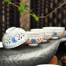 Free Shipping Rice pattern Decorated Porcelain Kung Fu Tea Set Blue and White Porcelain Pot Porcelain