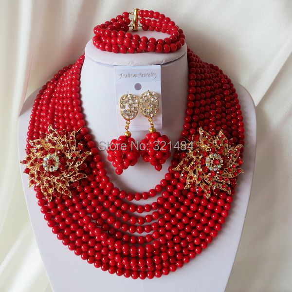 Fashion Nigerian Wedding African Beads Red Coral Beads Jewelry Set Necklace Bracelet Earrings CJS-319