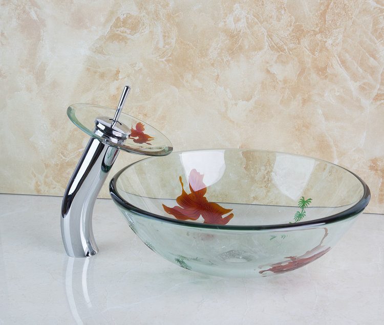 Beautiful Golden Fish Pattern Construction Real Estate Bathroom Faucets Mixer Taps Vessel Chrome Drain Glass Basin