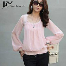 JY.2016 Women Chiffon Blouse O-neck Puff Long Sleeve Spring Autumn shirt Loose Casual Work Wear Blusas Femininas Z
