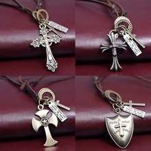 Religious Genuine Leather Necklaces Pendant Zinc Alloy Cross/Shield Shape Pendant Necklace Vintage Personality Jewelry 2016