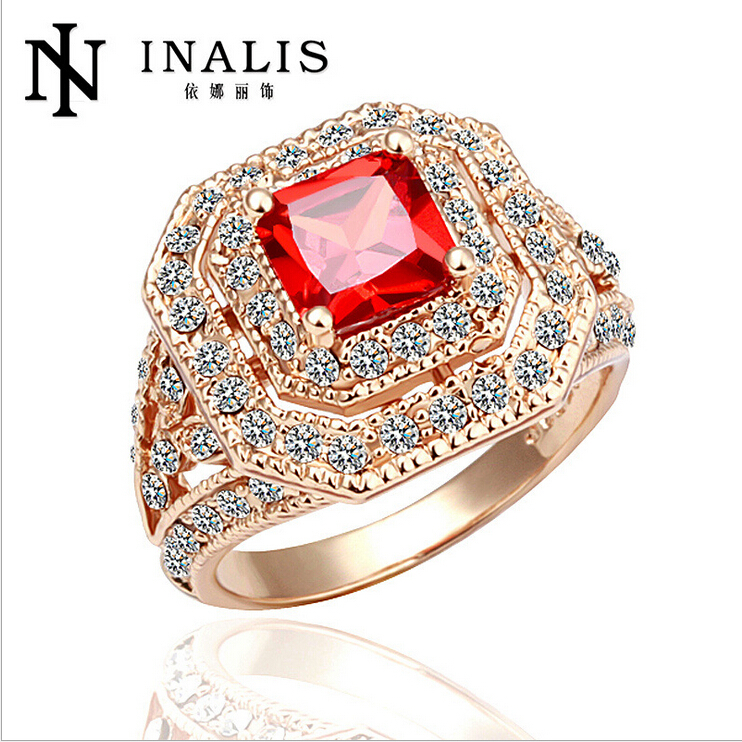 Inalis Brand Top Quality 18K Gold Plated Ruby Finger Rings Elegant Jewelry CZ Diamond Austrian Crystal