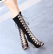 New Styles Aquazzura Knee High Black Velvet Leather Gladiator Sandals High Heel Boots Fashion Strappy Lace Up Vintage Shoes 11cm