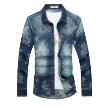 2016 Plus Size 5XL Mens Floral Printing Denim Shirt Fashion Long Sleeve Shirt Camisa Masculina P4105