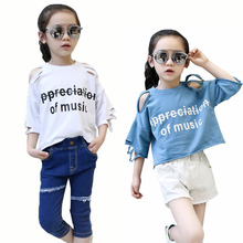 Kids Girls Ripped T-shirt Children Summer Tops Girl Fashion Cotton Half Sleeve T Shirt Hollow Out Casual Tees Tshirts