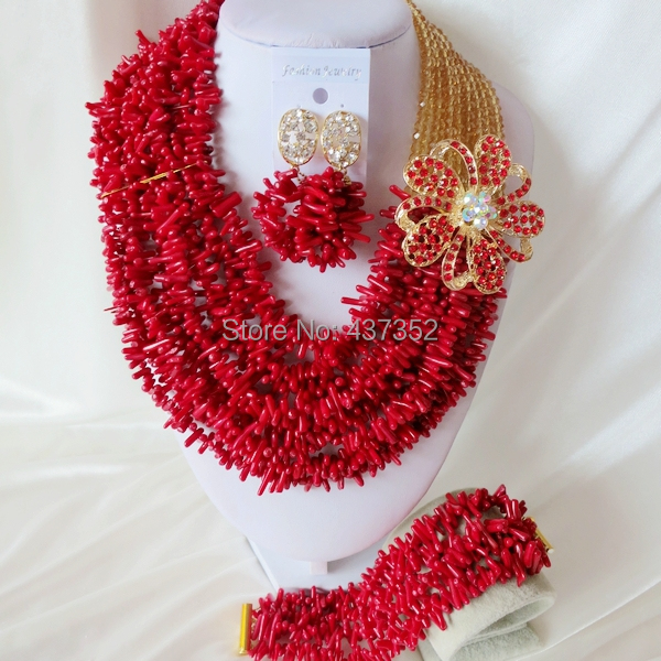 Handmade Nigerian African Wedding Beads Jewelry Set , Champagne Gold Crystal Coral Beads Necklace Bracelet Earrings Set CWS-441