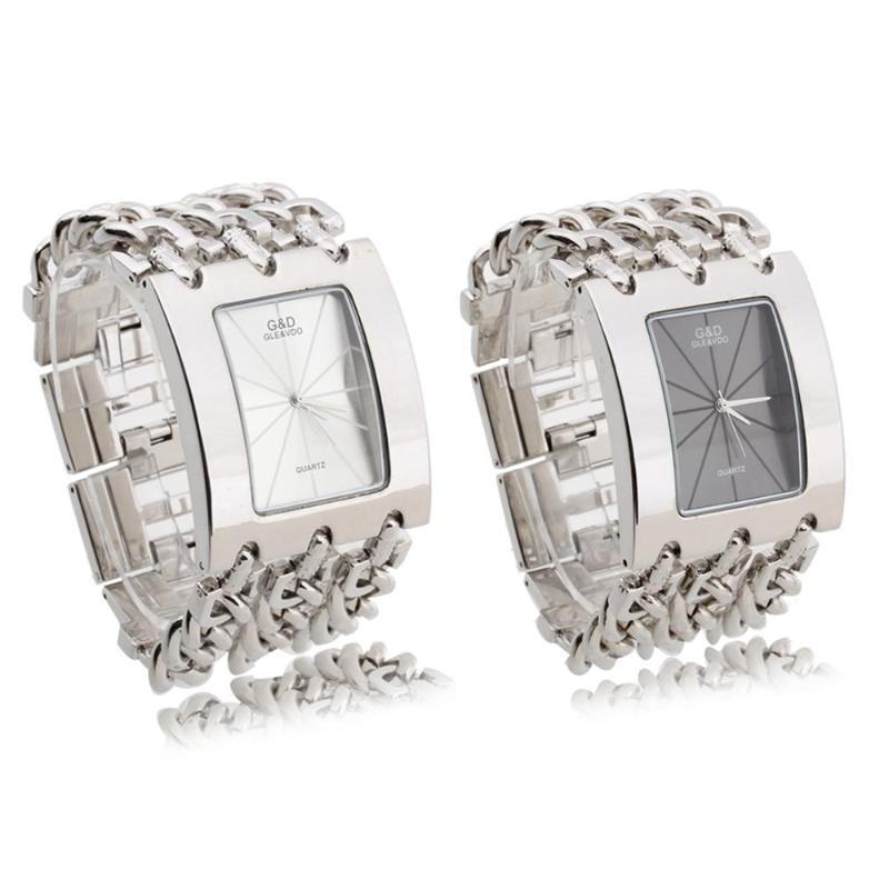 Women Quartz Watch Wristwatch Stainless Steel Alloy Silver White Rectangle Dial Chain Link Fashion New