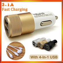 3.1A Dual USB Car Charger Alloy 2 Port Universal Fast Charging For Ipone 5 5s 6 Ipad HTC Samsung Note3 4 With 4-In-1 USB Cable