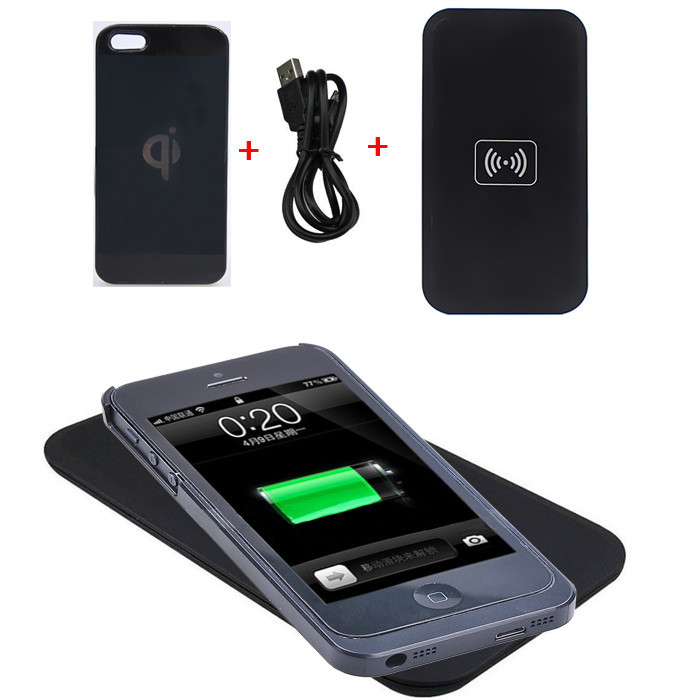 Black Qi Wireless Charger Transmitter Pad Mat +Wireless Charging Back Receiver Case Cover Power Charger Kit For iPhone 4 4S 5 5S