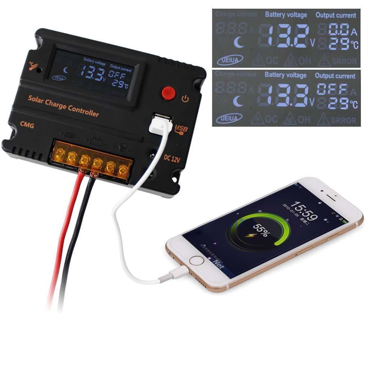 LCD Solar Panel Battery Regulator Charge Controller 12V/24V PWM Dual USB 5V DC 12V output for solar home system LD476 LCD Solar Panel Battery Regulator Charge Controller 12V/24V PWM Dual USB 5V DC 12V output for solar home system LD476