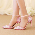Pointed Toe Crystal Middle Heel Sandals with Ankle Straps Pink Pearl Wedding Party Shoes Adult Ceremony