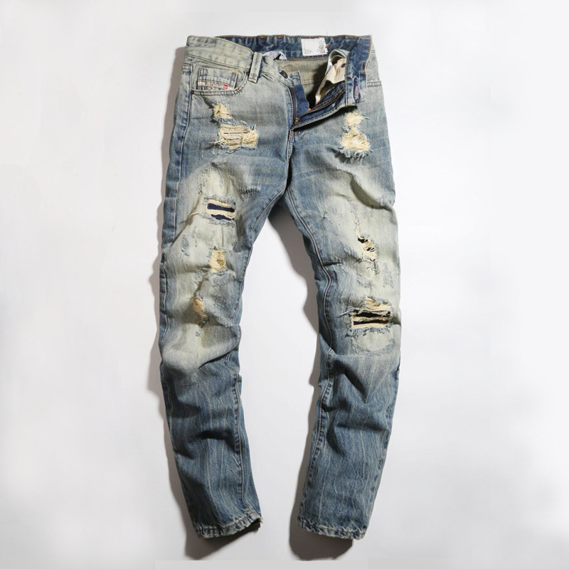 Men Fashion Distressed Jeans Italy Designer Brand Slim Ripped Jeans Men Casual Straight Jeans Retro Light Blue Biker Denim Pants