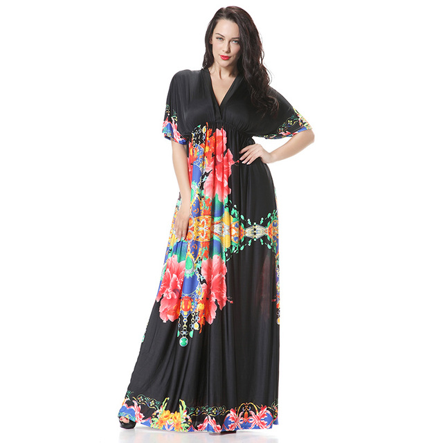 2016 нью-лонг макси женщины одеваются Vestidos 6XL женский Большой размер летом 7xl платья большого размера черный цветок 4xl 5XL v-образным вырезом платья
