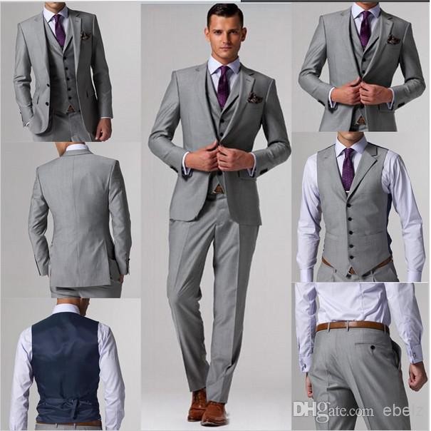 84-1 Wholesale - custom made suits free shipping Light Grey Groom Tuxedos Suits custom wedding groom wear dress vest mens suits wedding groom