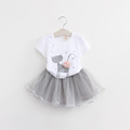 Baby girl clothing sets summer cat shirt lace skirt children kids clothes grey color t shirt