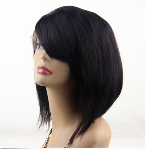 7A  Indian Remy Human Glueless Full Lace Wig& Lace Front wig Short Bob Cut Natural Hairline With Side Bangs Natural Color
