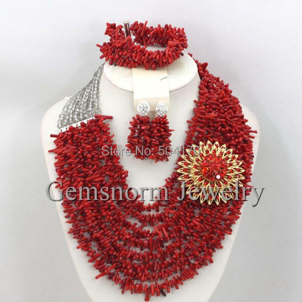 Red Coral Beads Nigerian Wedding Jewelry Set Fashion Indian Bridal Coral Jewelry Set Fit African Lace Free Shipping CNR242