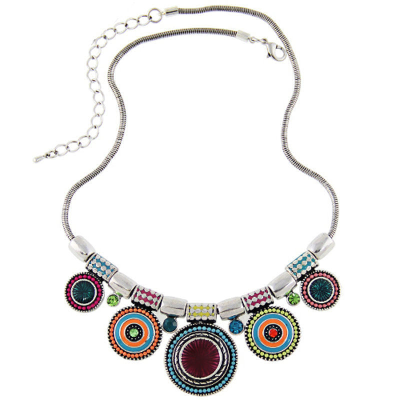 2015New Choker Necklace Fashion Ethnic Collares Vintage Silver Plated Colorful Bead Pendant Statement Necklace For Women