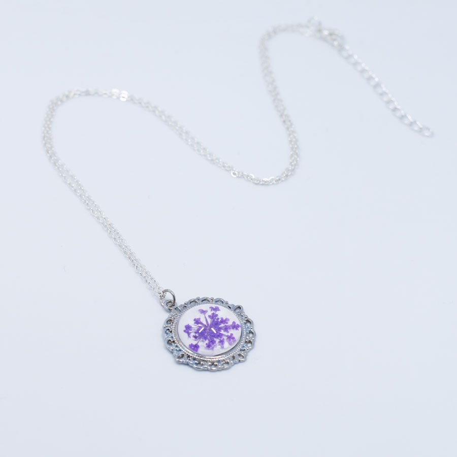 KUTIAN Mini Real Purple Flower Galaxy Pendant Necklace for women,Fashion Handmade Silver Plated Round Glass Necklaces KN013 18\'\'
