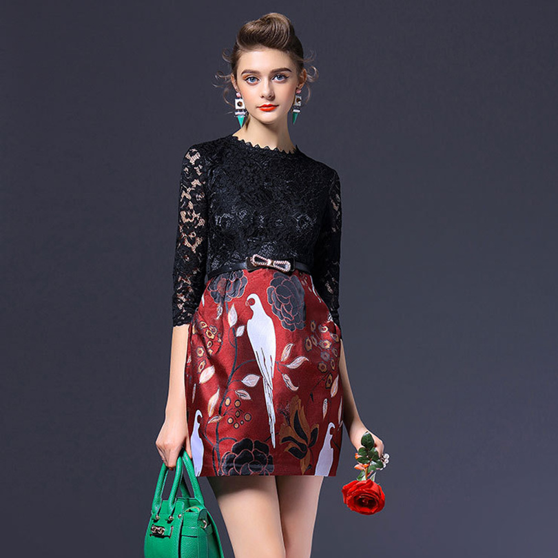 New 2016 runway fashion women spring designer Dress elegant birds prints slim lace dress casual vintage dress  D5403