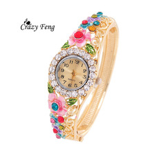 Free Shipping newest Crazy Feng hot Charm jewelry Women Wristwatch 18K Gold Plated Bangle Cuff quartz watch relogio feminino