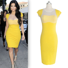 2016 Plus Sizes New Sexy Ladies Clubwear Celebrity Style Business Women Party Evening Slim Bodycon Dress S/M/L/XL Yellow