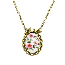 Summer Style Jewelry Vintage Antique Bronze Oval Flower Bird Alloy Pendant Necklace Glass Cabochon Statement Necklace