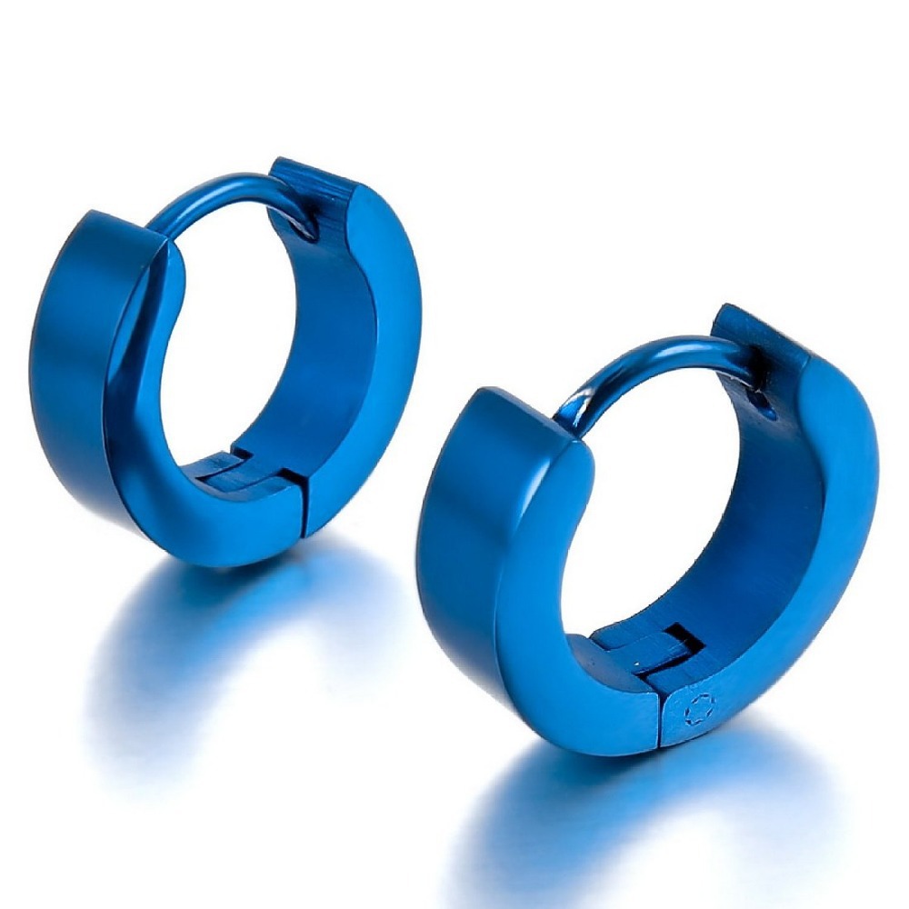 Men's Stainless Steel Round Hoop Earrings Blue Polished Earrings