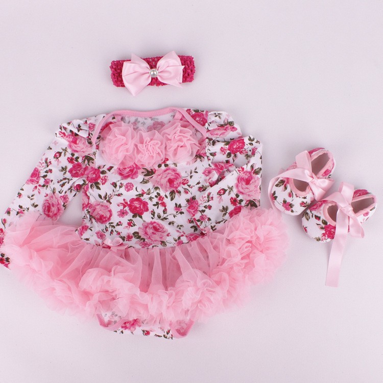 Newborn Baby Rompers Casual Long Sleeve Baby Girls Clothing Headband Romper Dress Shoes 3 pieces set