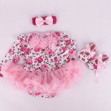 Newborn Baby Rompers Casual Long Sleeve Baby Girls Clothing Headband Romper Dress Shoes 3 pieces set