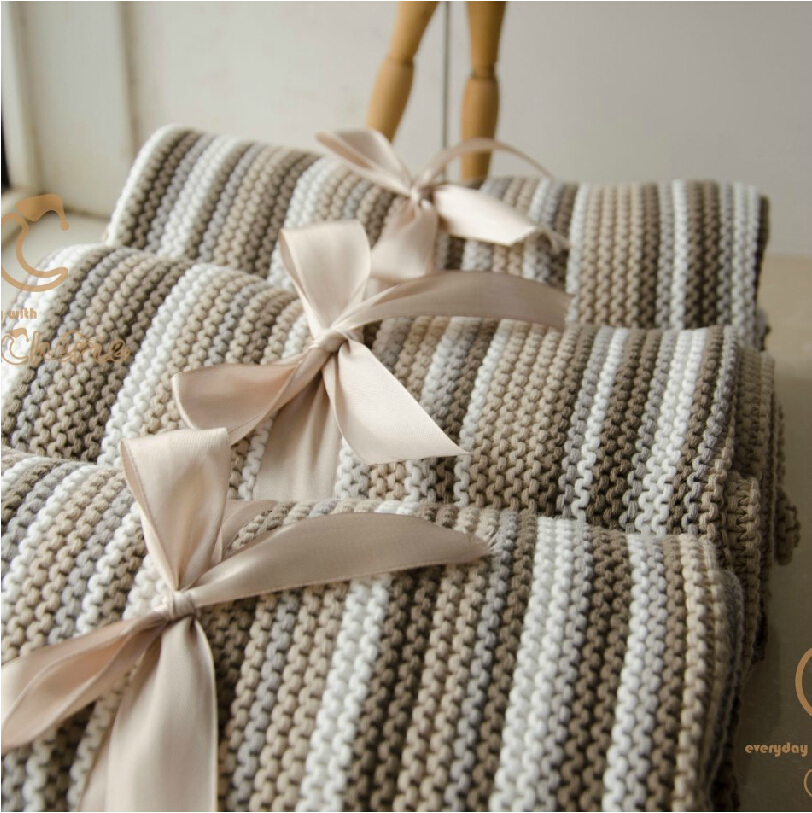 New 100% Cotton Knitted Newborn baby Boy Girl blanket Baby Car Outdoor Stripe...