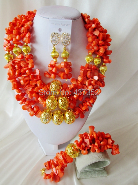 Fashion Nigerian African Wedding Beads Jewelry Set , Red Coral Beads Necklace Bracelet Earrings Set CWS-324