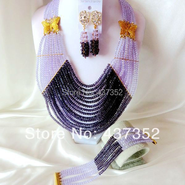 Fashion 16 layers Lilac Purple African Wedding Beads Jewelry Set Nigerian Beads Crystal Necklaces Bracelet EarringCPS-1944