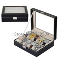 Free Shipping Lateral Lock 10 Grids Watches Box Brand Black Leather Watch Display Box With Key